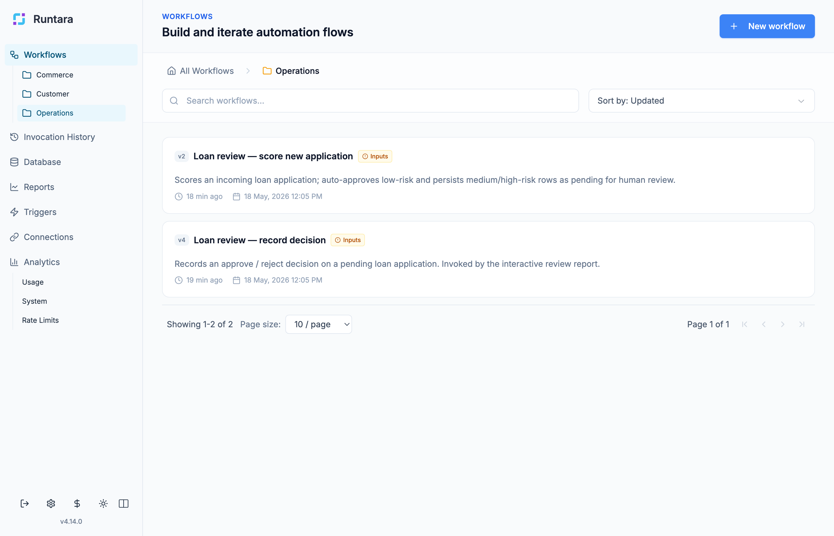 Runtara workspace with workflows organized by operational folders